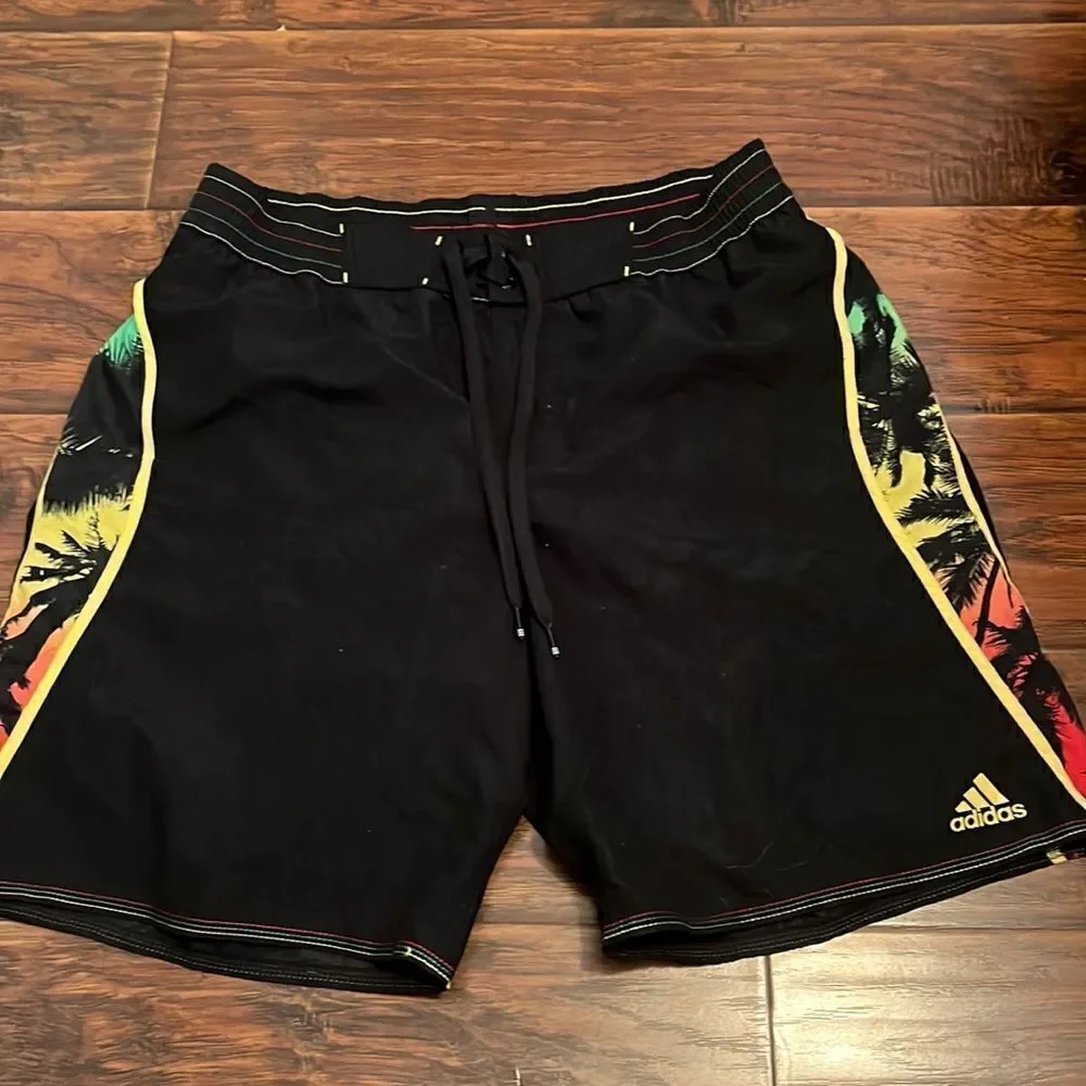 Adidas Black Trees Print Beach Swim Trunks Vacation Resort Pool BBQ Ocean